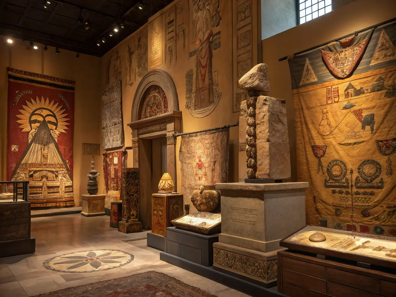 A photograph capturing a special exhibition at the MAISON DITE DES TEMPLIERS MUSEE DE SALERS, featuring rare artifacts and documents related to the history of the Templars and the local region.
