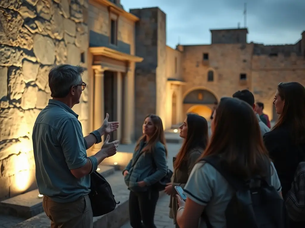 A photograph showcasing a guided tour of MAISON DITE DES TEMPLIERS MUSEE DE SALERS, with a knowledgeable guide explaining the historical significance of the building's architecture and artifacts to an attentive group of visitors.