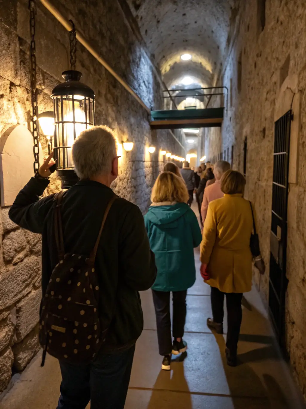 A photograph of a guided tour group exploring the architectural details of the MAISON DITE DES TEMPLIERS MUSEE DE SALERS, emphasizing the historical significance of the building.