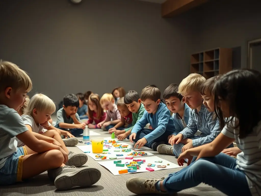 A photograph depicting a group of children participating in an interactive history workshop at the MAISON DITE DES TEMPLIERS MUSEE DE SALERS, surrounded by historical artifacts and engaging learning materials.