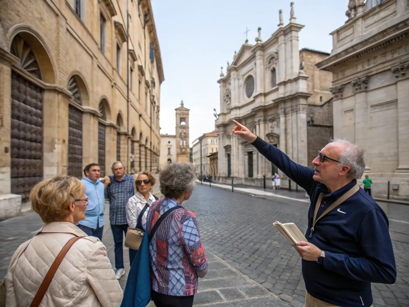 A photograph showcasing a guided tour group at the MAISON DITE DES TEMPLIERS MUSEE DE SALERS, led by a knowledgeable guide who is pointing out architectural details and sharing historical insights.